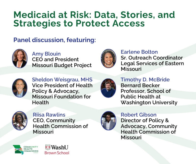 Promotional flyer for the Medicaid flyer, including photos of panelists and the two event sponsors. CHCM logo assets in background.